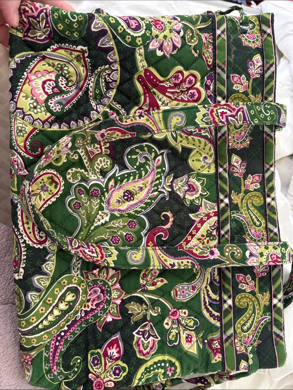 Vera Bradley Green Paisley Quilted Tote with Pink and Lime Accents